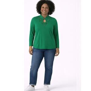 Belle Kim Gravel XS Emerald Green Keyhole Embellished Top TripleLuxe Blouse NWOT